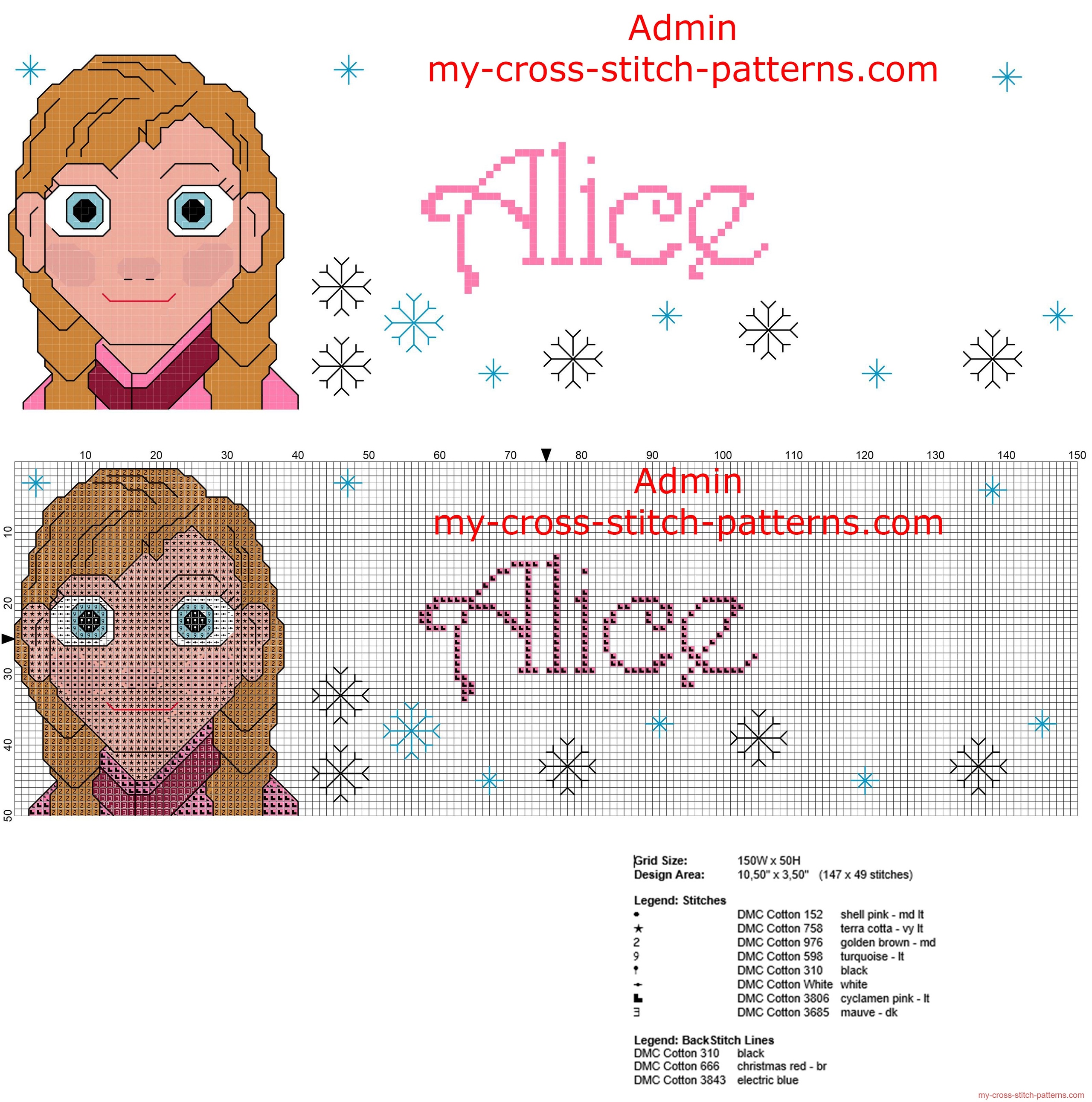 Alice cross stitch pattern name with Disney princess Anna from Frozen  cartoon - free cross stitch patterns simple unique alphabets baby