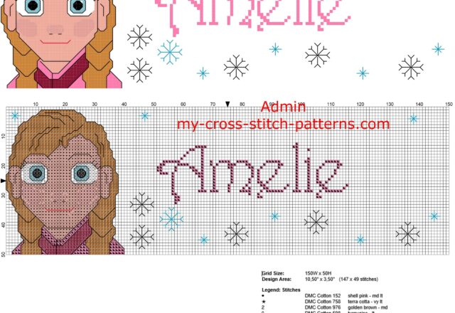amelie_cross_stitch_pattern_baby_female_name_with_anna_disney_princess_frozen_cartoon