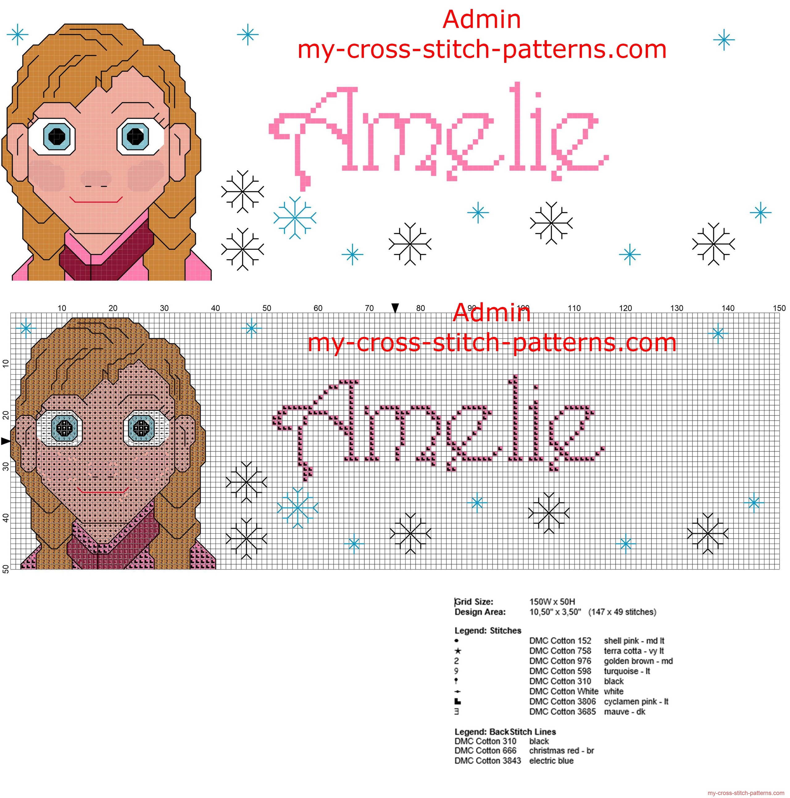 amelie_cross_stitch_pattern_baby_female_name_with_anna_disney_princess_frozen_cartoon