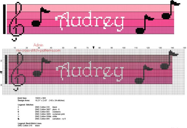 audrey_cross_stitch_baby_female_name_with_pink_colors_sheet_music