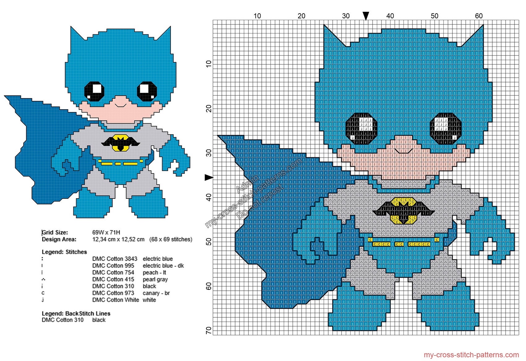 Baby Batman free superheroes cross stitch patterns 68x69 - free cross stitch  patterns simple unique alphabets baby