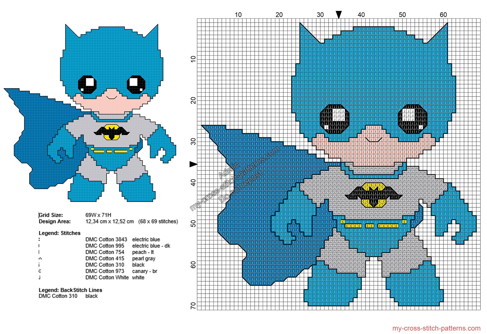 Baby Batman free superheroes cross stitch patterns 68x69 - free cross stitch patterns simple unique alphabets baby