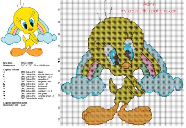 baby_tweety_bird_with_a_rainbow_free_cross_stitch_pattern_download