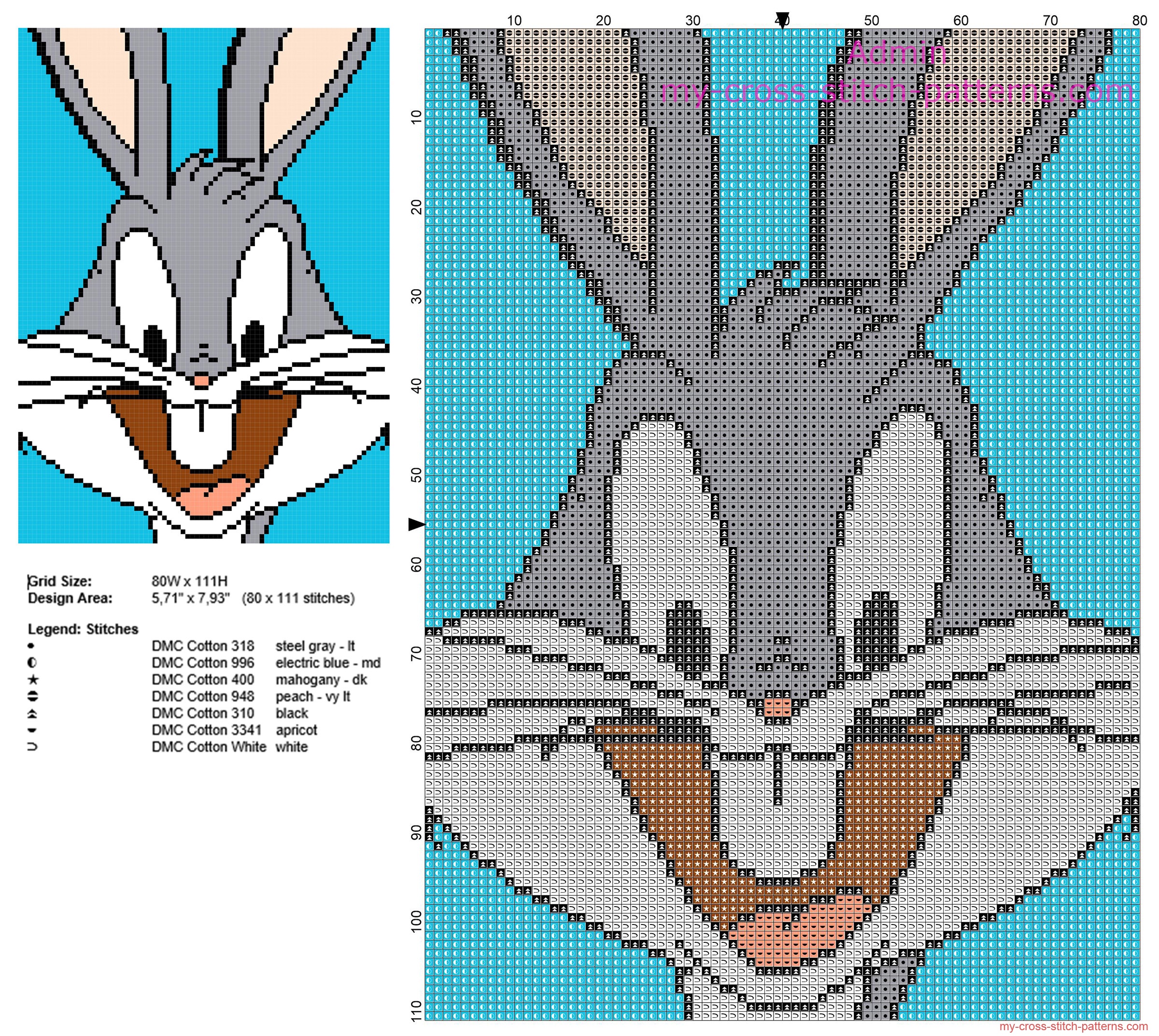 Bugs Bunny Looney Tunes cartoon character in a light blue tile free cross  stitch pattern - free cross stitch patterns simple unique alphabets baby