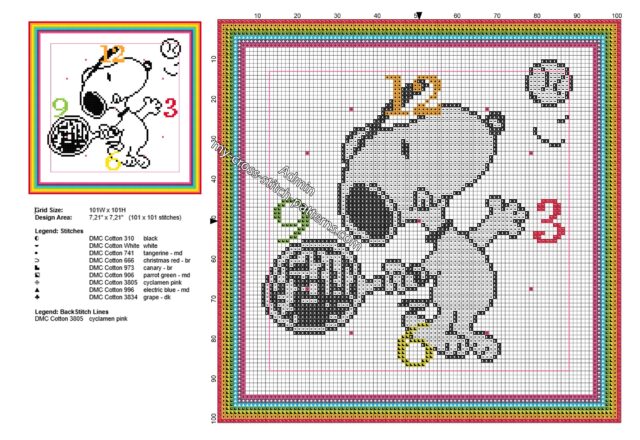 children_clock_with_snoopy_playing_tennis_free_cross_stitch_pattern