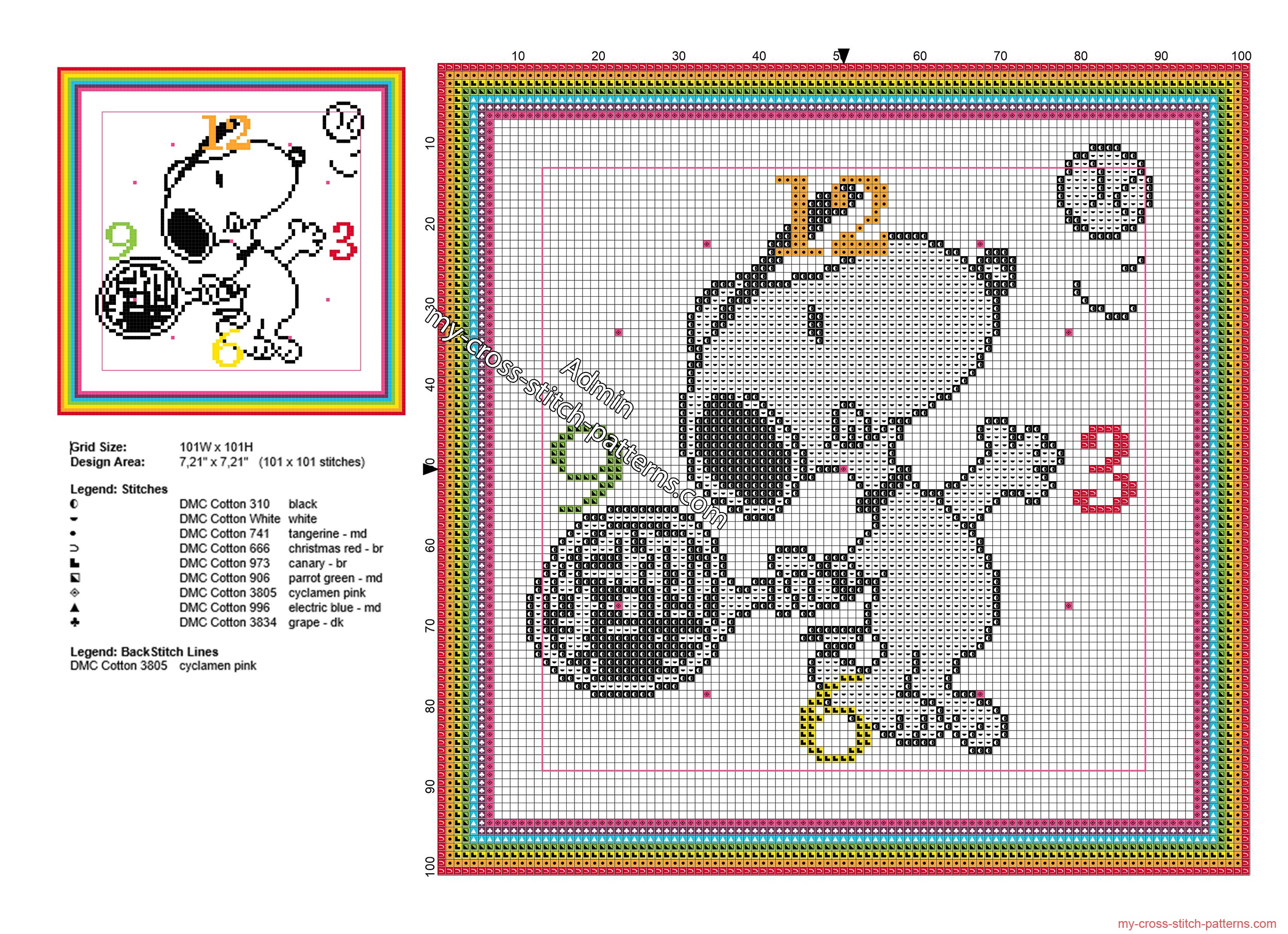 children_clock_with_snoopy_playing_tennis_free_cross_stitch_pattern