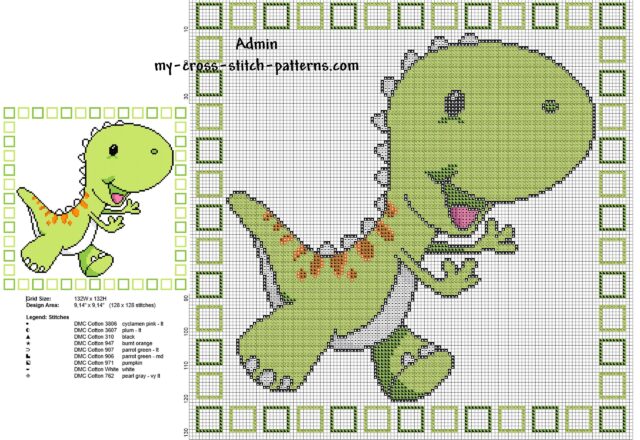 children_pillow_with_green_cartoon_dinosaur_cross_stitch_pattern_128_x_128_stitches
