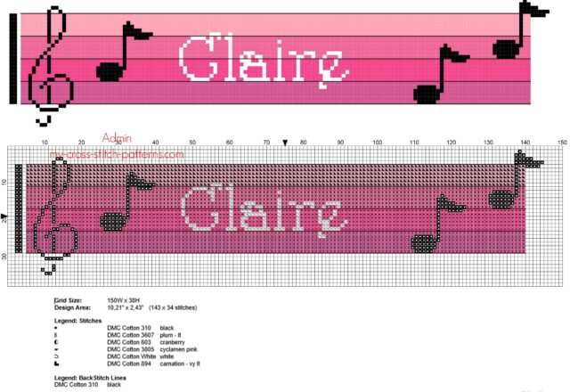 claire_cross_stitch_baby_female_name_with_pink_colors_sheet_music