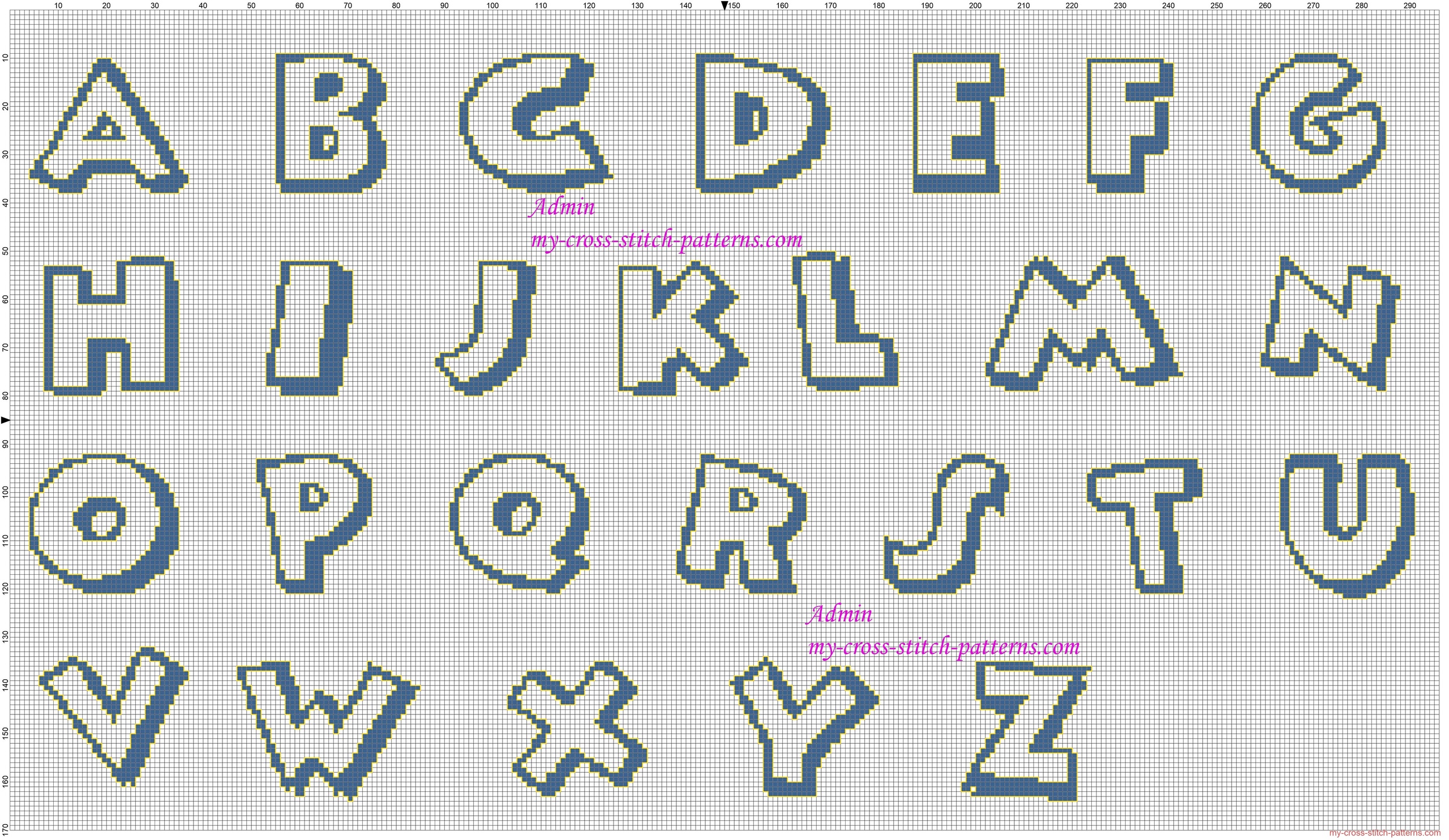 cross_stitch_alphabet_uppercase_disney_mickey_mouse_font_blue_and_yellow