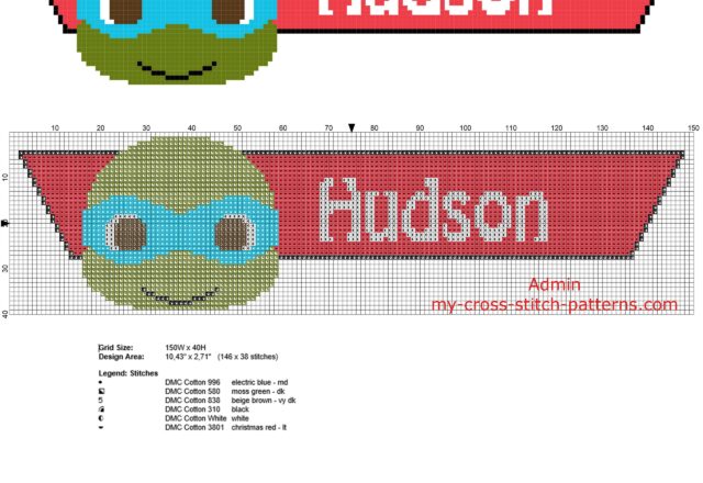 cross_stitch_baby_male_name_hudson_with_leo_ninja_turtle_character_free_pcstitch_download