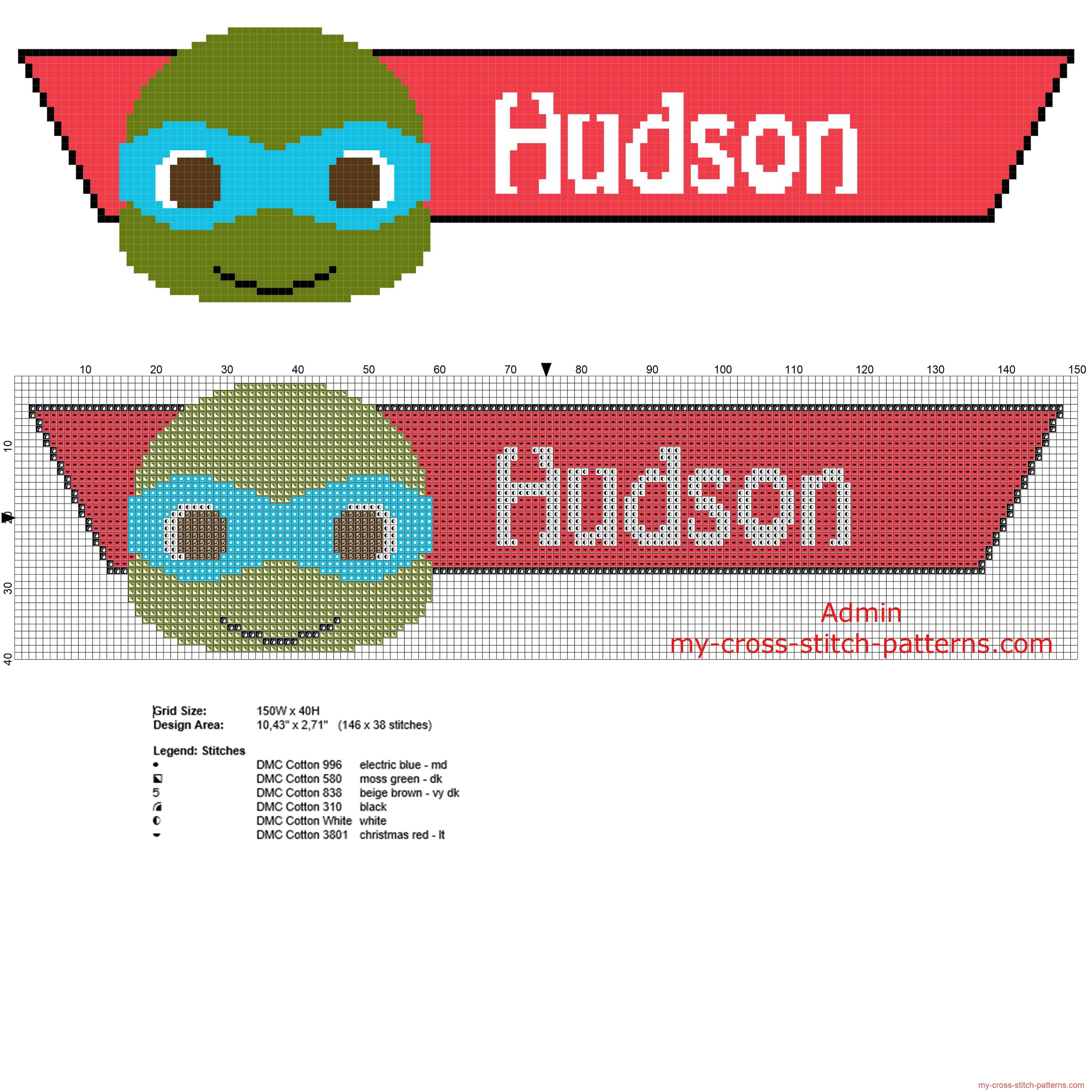 cross_stitch_baby_male_name_hudson_with_leo_ninja_turtle_character_free_pcstitch_download