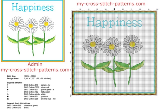 cross_stitch_home_painting_idea_with_three_daisy_flowers_and_text_happiness_free_download_in_100_sti