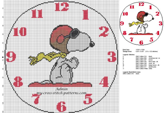 cross_stitch_pattern_children_clock_with_peanuts_charlie_brown_snoopy