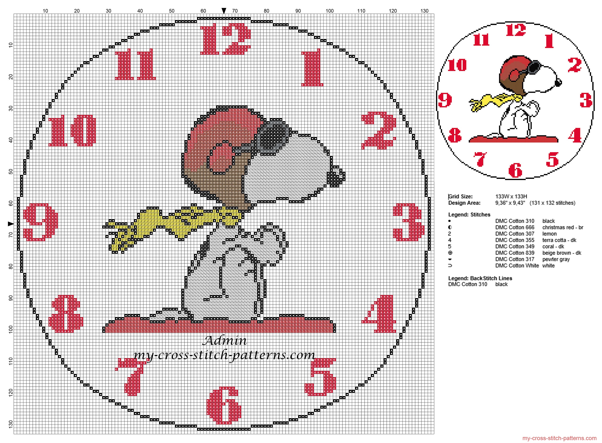 cross_stitch_pattern_children_clock_with_peanuts_charlie_brown_snoopy