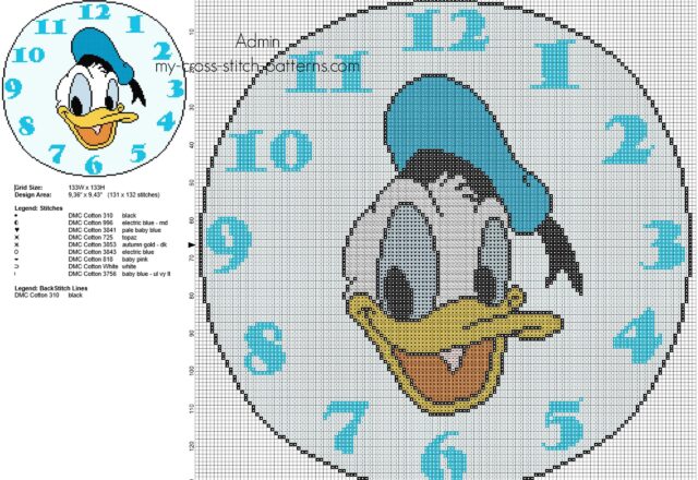 cross_stitch_pattern_clock_with_disney_donald_duck_face