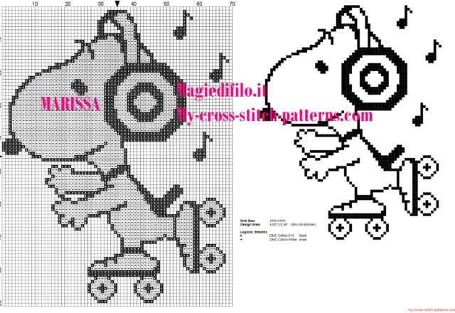 cross_stitch_pattern_snoopy_on_skates_listening_to_music