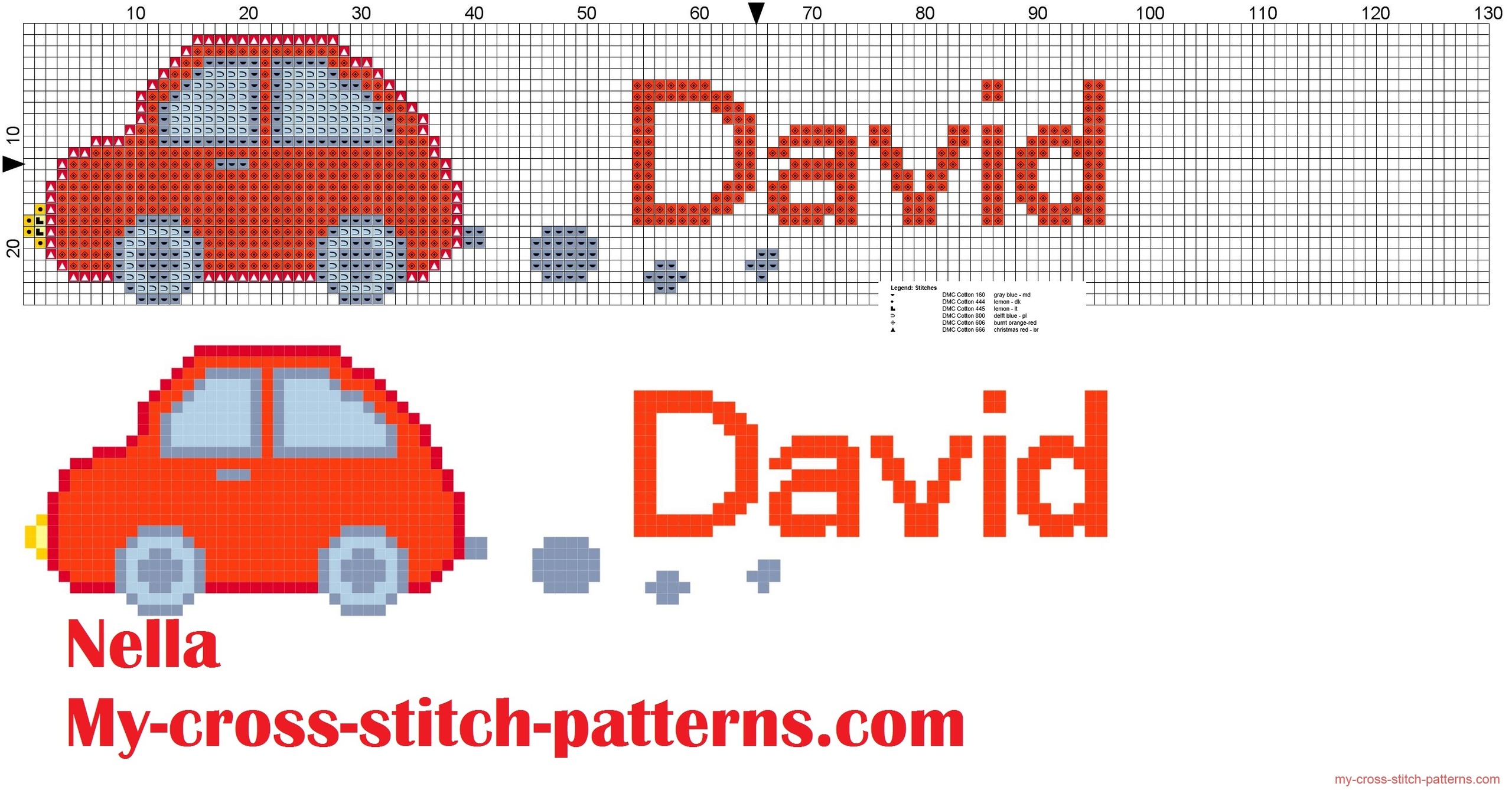 david_name_with_toy_car_cross_stitch_patterns