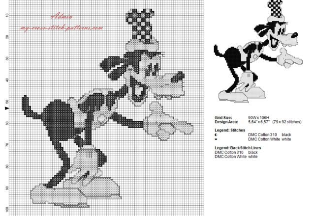 disney_goofy_vintage_old_black_and_white_cross_stitch_pattern