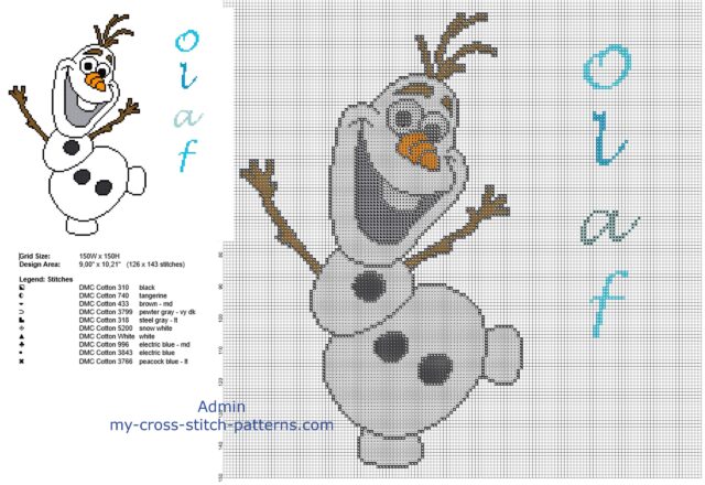 disney_olaf_snowman_free_cross_stitch_pattern_big_size_about_150_stitches