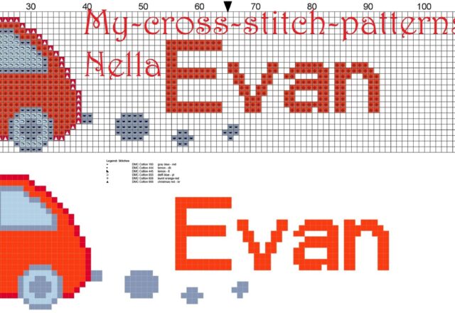 evan_name_with_toy_car_cross_stitch_patterns