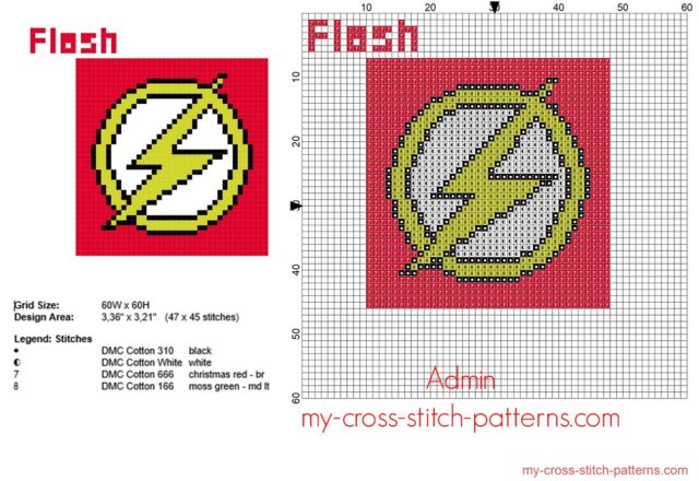 flash_superhero_logo_free_cross_stitch_pattern_47_x_45_stitches_4_dmc_threads