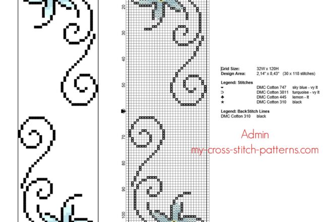 floral_cross_stitch_bookmark_with_small_stylised_light_blue_flowers