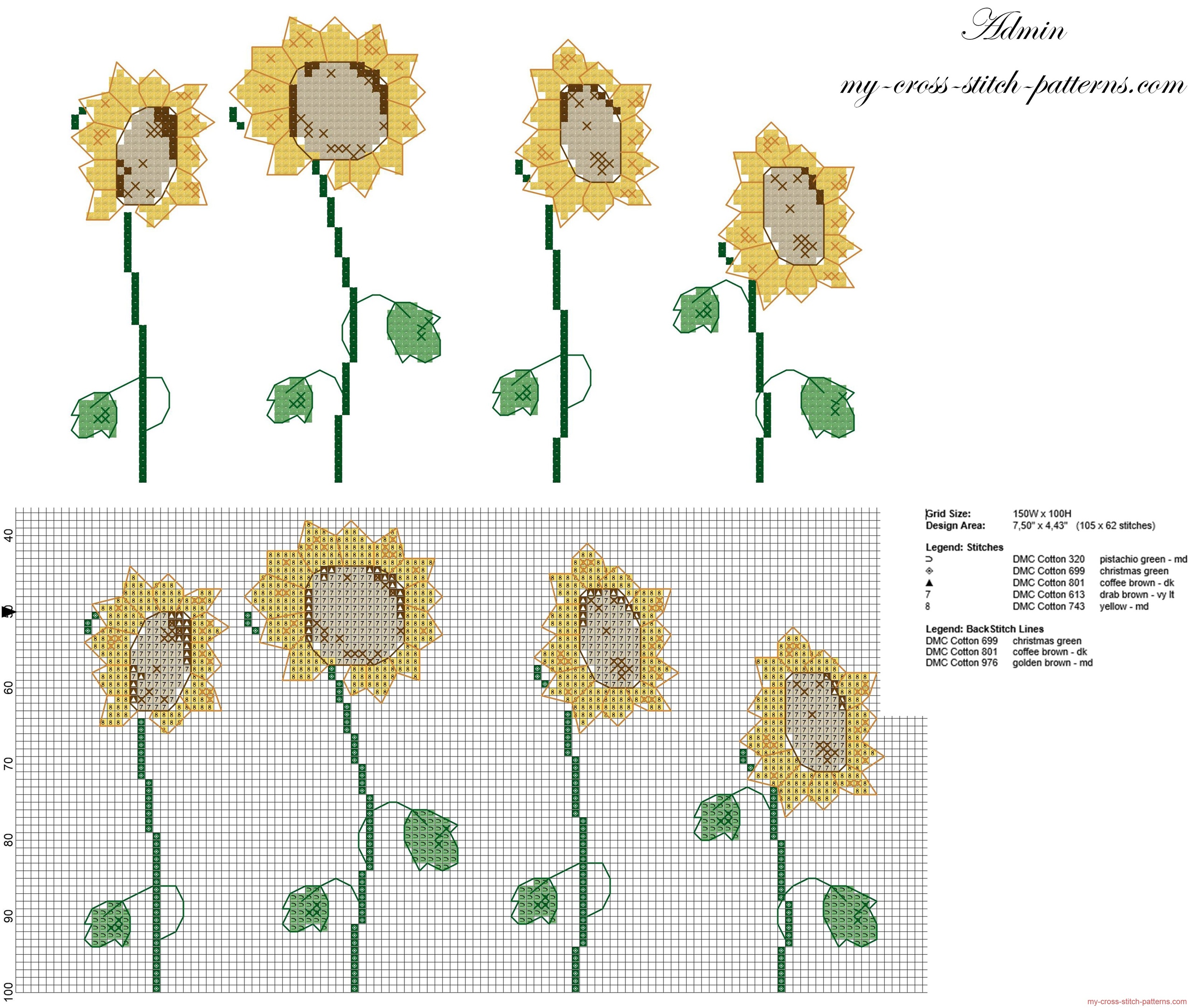 four_sunflowers_flowers_elegant_cross_stitch_pattern