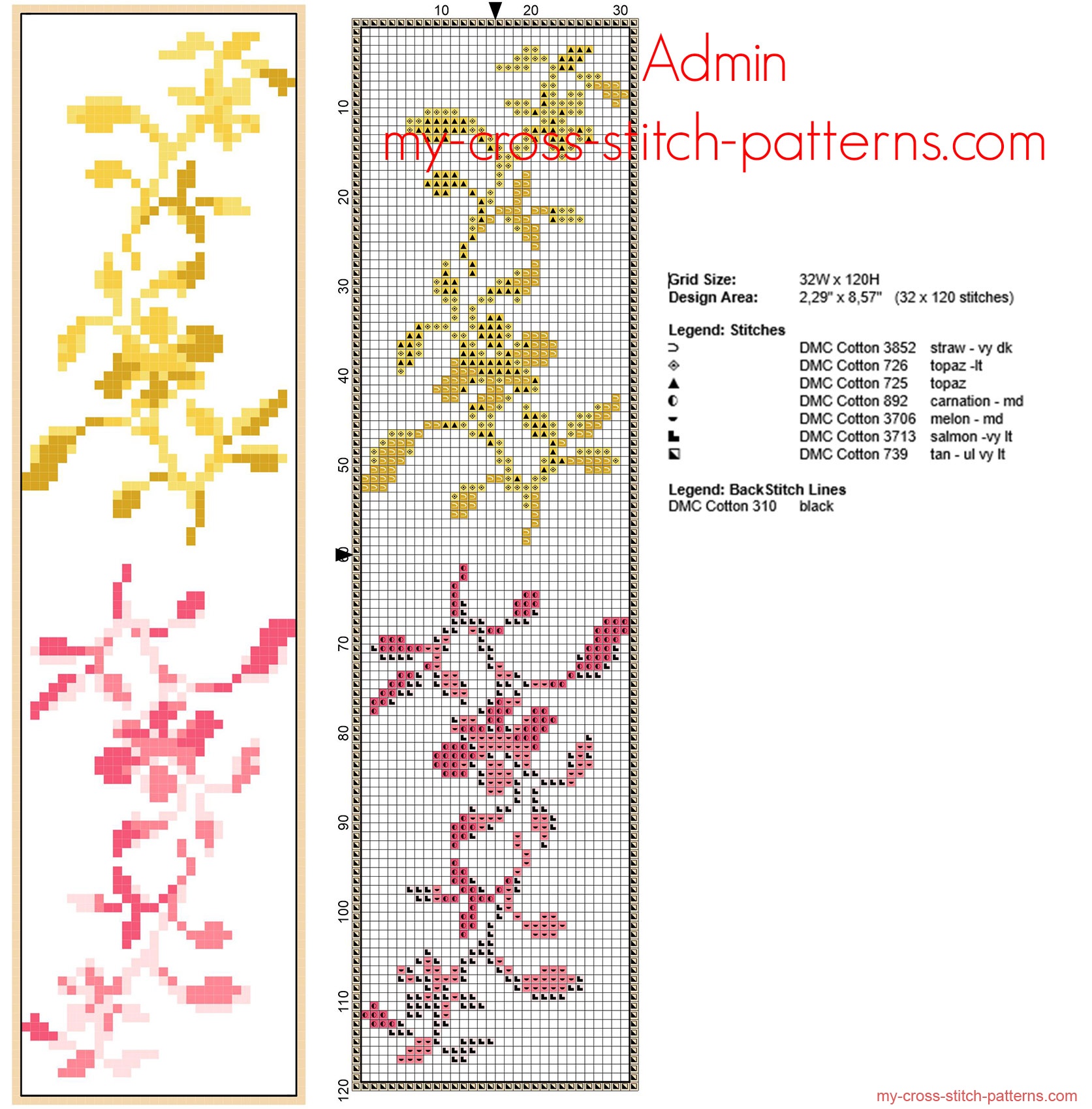 Free cross stitch bookmark with small yellow and pink flowers - free cross stitch patterns simple unique alphabets baby