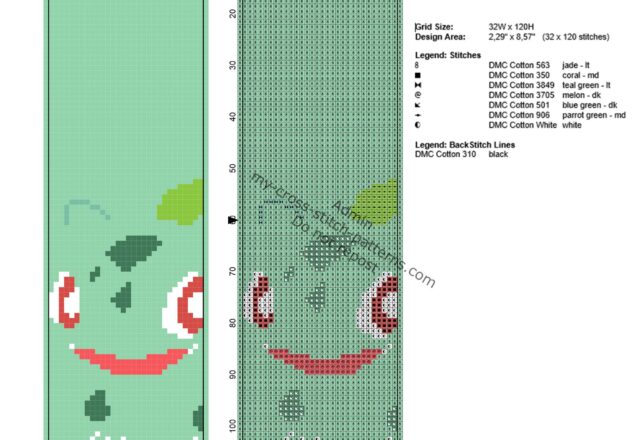 free_cross_stitch_pattern_bookmark_with_pokemon_bulbasaur_32_x_120