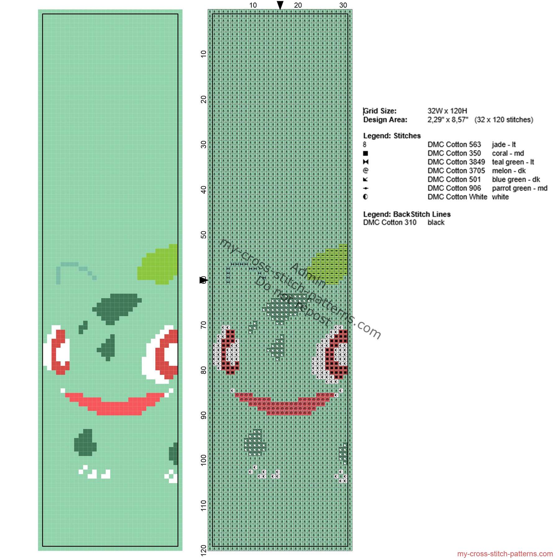 free_cross_stitch_pattern_bookmark_with_pokemon_bulbasaur_32_x_120