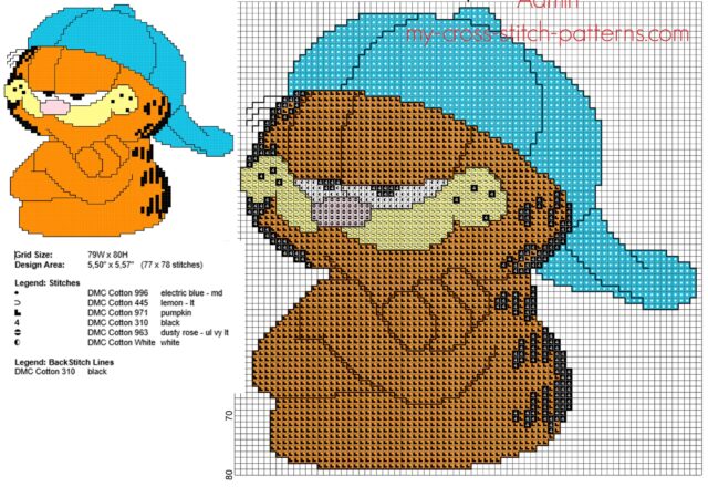 garfield_with_hat_free_back_stitch_cross_stitch_pattern_77_x_78_6_colors