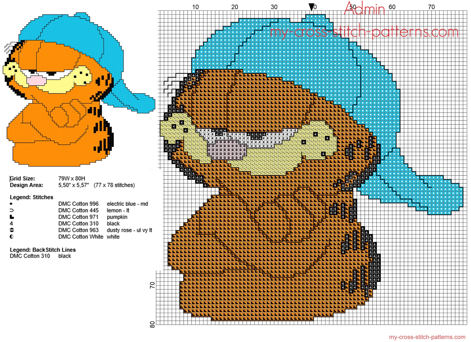 garfield_with_hat_free_back_stitch_cross_stitch_pattern_77_x_78_6_colors