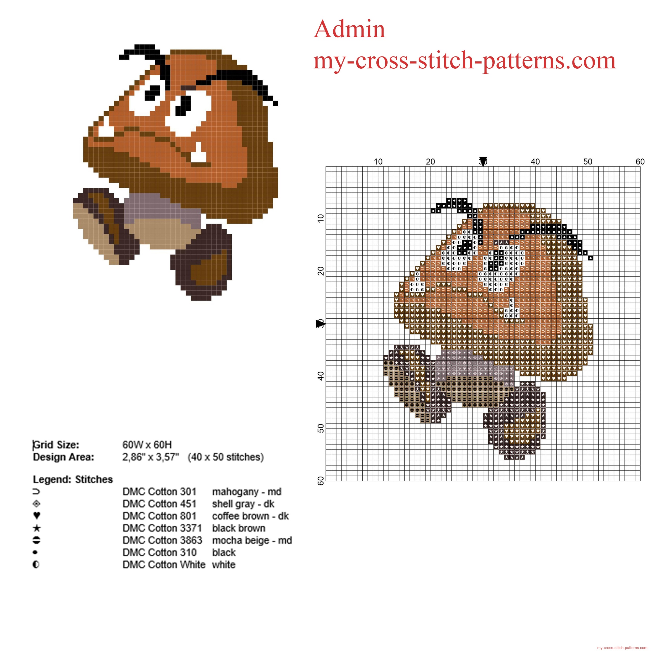 Goomba Super Mario Videogame Character Free Cross Stitch Pattern Free