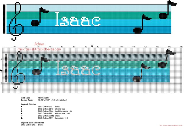 isaac_free_cross_stitch_baby_name_on_blue_colors_sheet_music