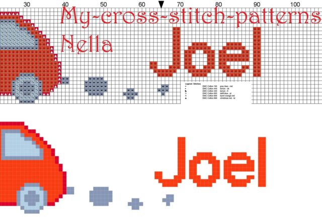 joel_name_with_toy_car_cross_stitch_patterns