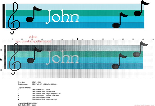 john_free_cross_stitch_baby_name_on_blue_colors_sheet_music