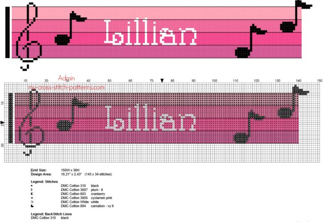 lillian_cross_stitch_baby_female_name_with_pink_colors_sheet_music