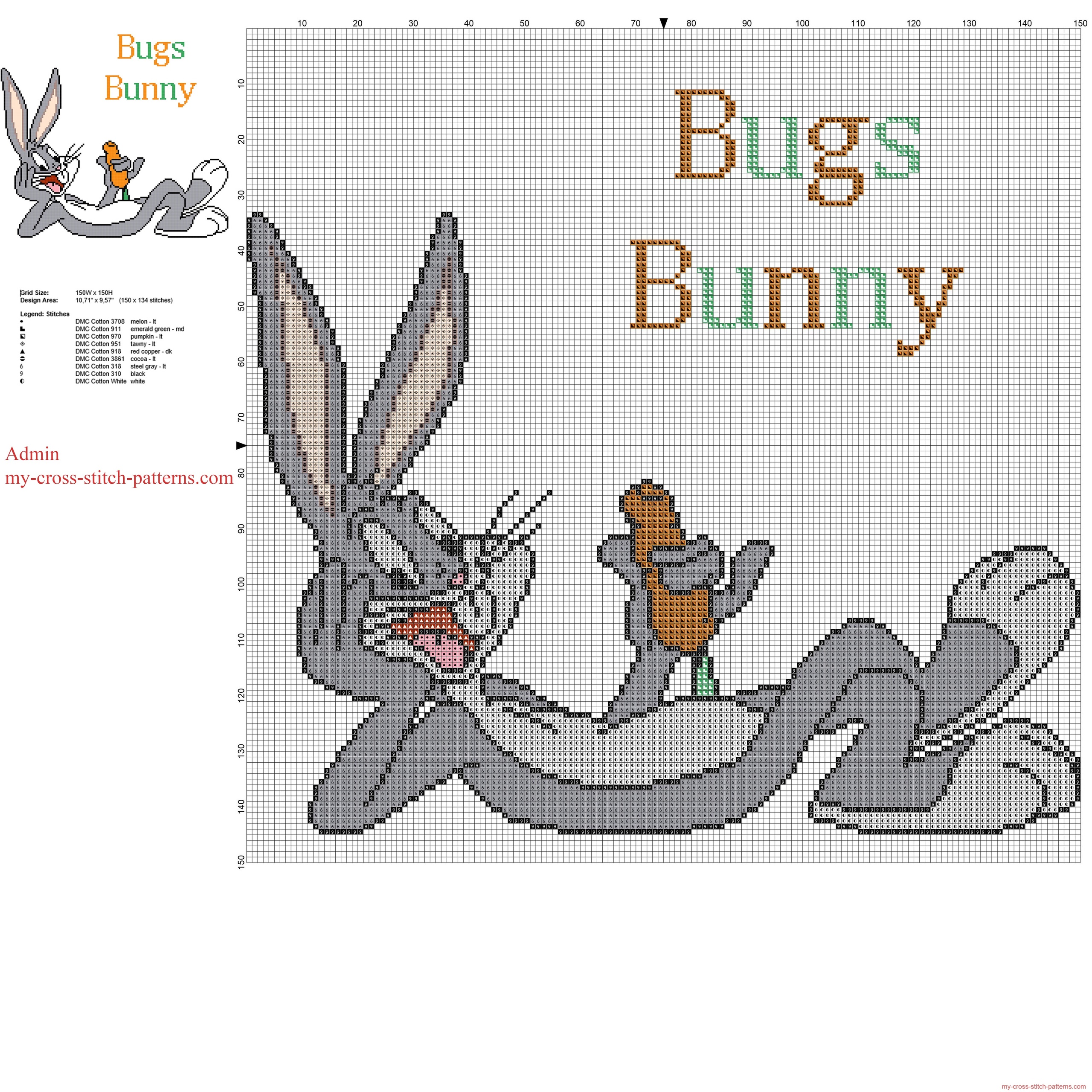 Looney Tunes cartoon character Bugs Bunny with a carrot free cross stitch  pattern - free cross stitch patterns simple unique alphabets baby