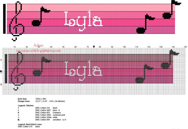 lyla_cross_stitch_baby_female_names_with_pink_musical_notes