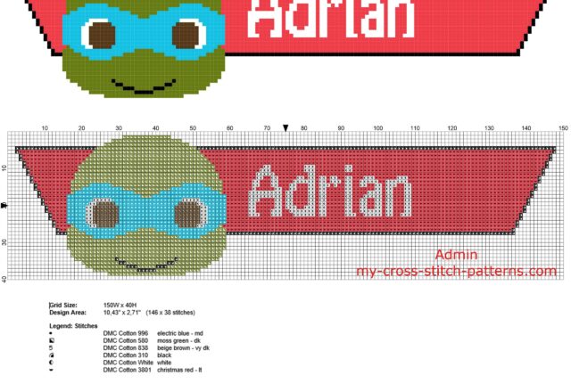 male_name_adrian_with_ninja_turtle_leo_free_cross_stitch_pattern_download
