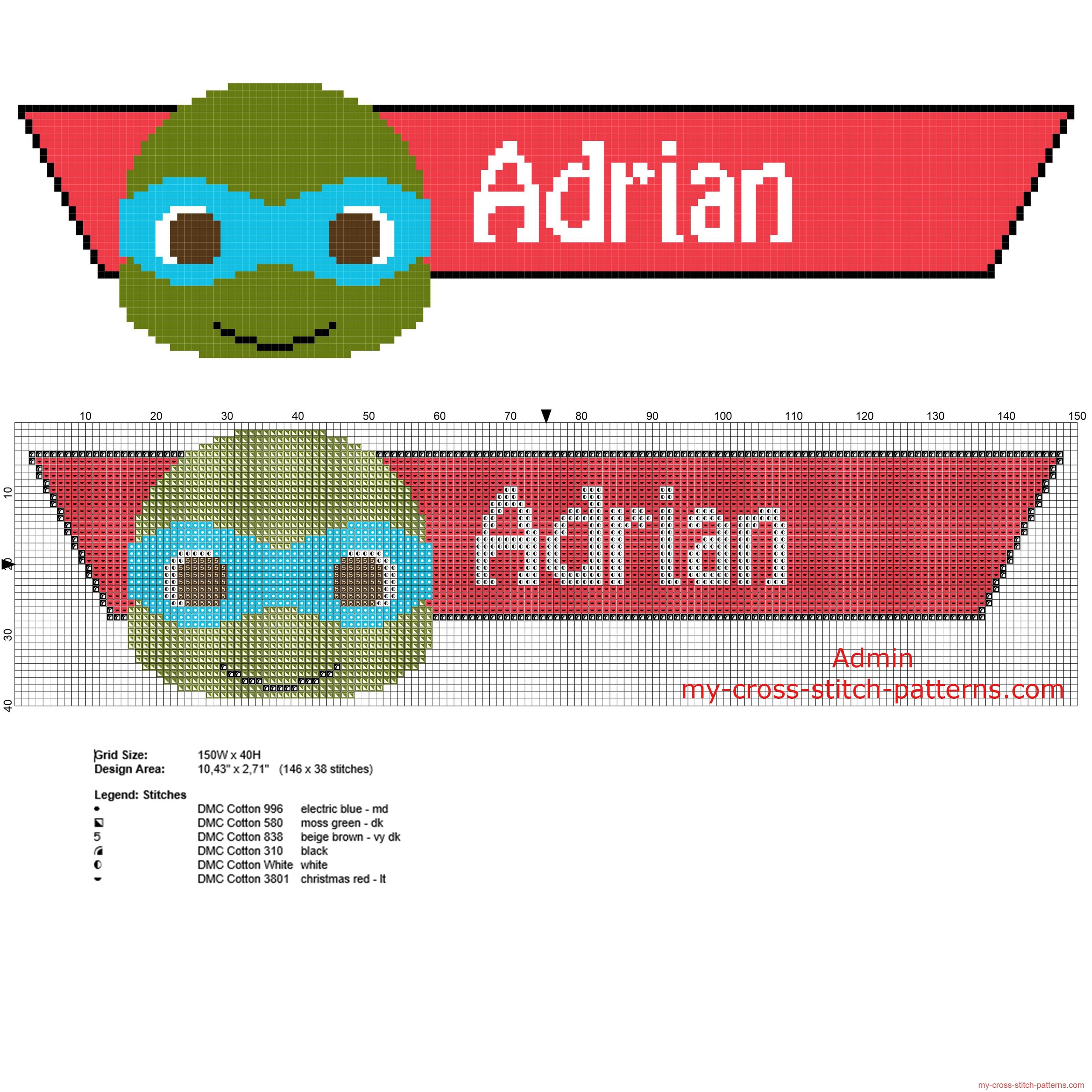 male_name_adrian_with_ninja_turtle_leo_free_cross_stitch_pattern_download