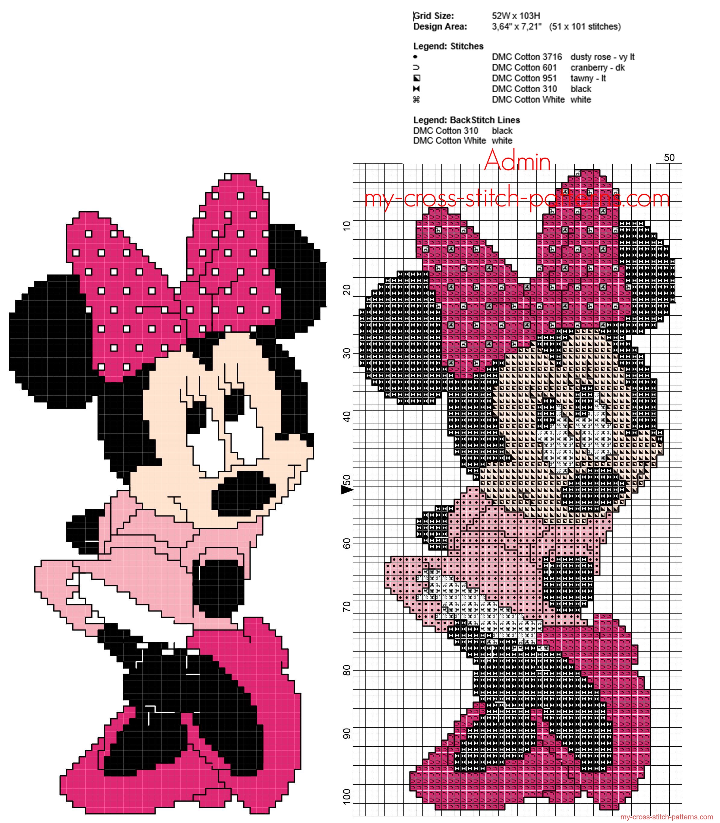 Minnie Mouse With Pink Dress Free Back Stitch Disney Cross Stitch Pattern Free Cross Stitch
