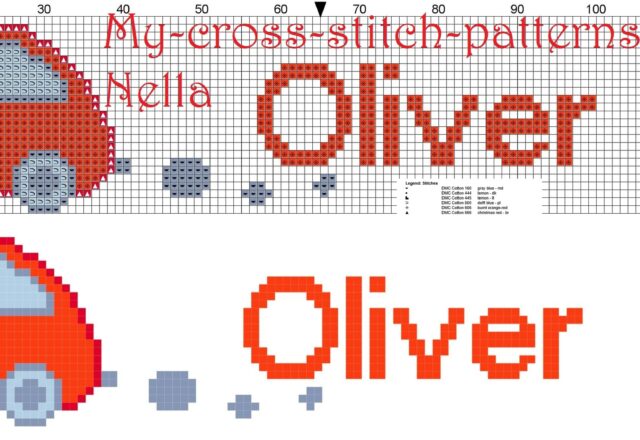 oliver_name_with_toy_car_cross_stitch_patterns