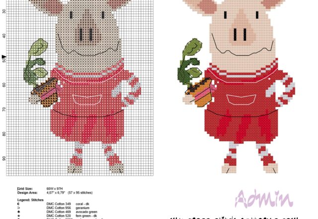 olivia_pig_cartoon_with_a_flowers_vase_free_cross_stitch_pattern_download