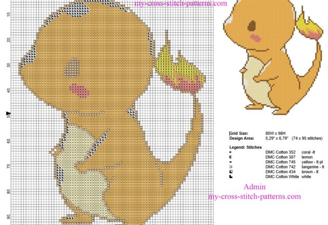 pokemon_charmander_kawaii_version_simple_and_small_cross_stitch_pattern