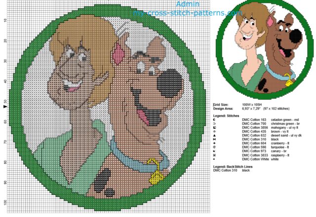 scooby_doo_and_shaggy_in_a_green_circle_frame_free_back_stitch_cross_stitch_pattern