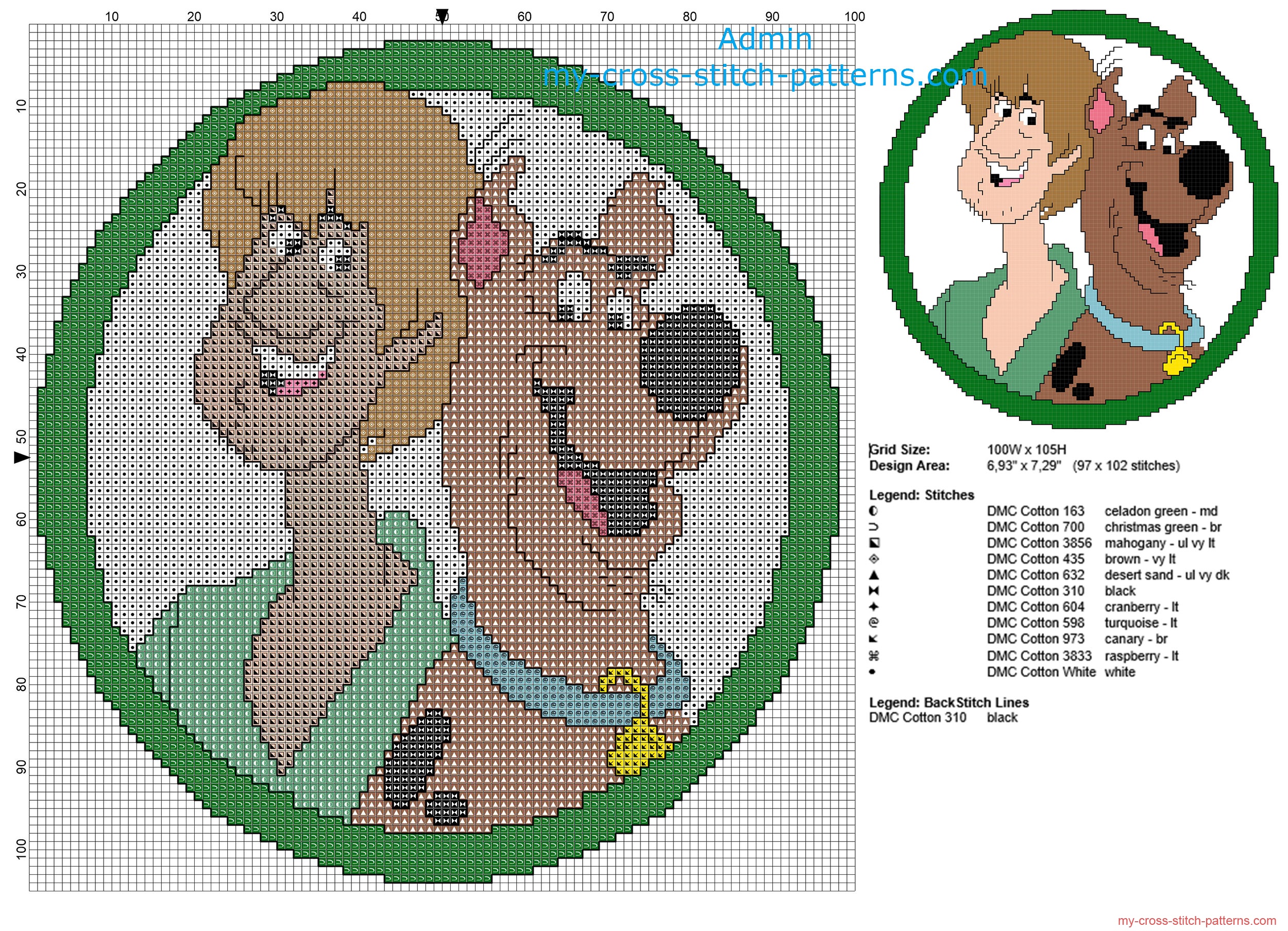 scooby_doo_and_shaggy_in_a_green_circle_frame_free_back_stitch_cross_stitch_pattern