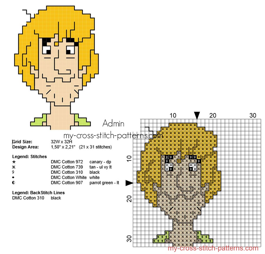 shaggy_scooby_doo_character_free_small_cross_stitch_pattern_with_back_stitch_21_x_31_stitches