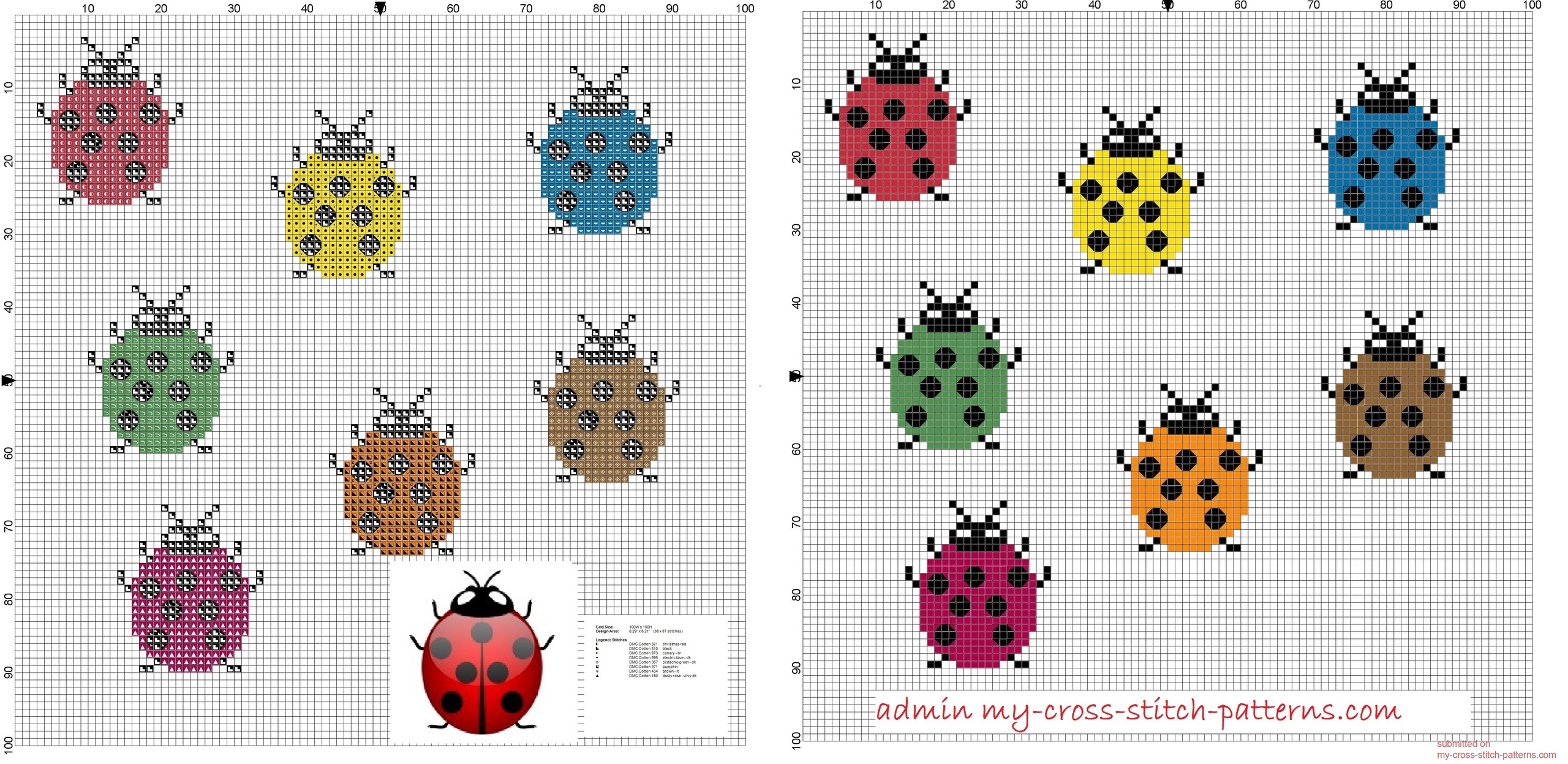 small_and_simple_colored_ladybugs_cross_stitch_pattern_free_20x23