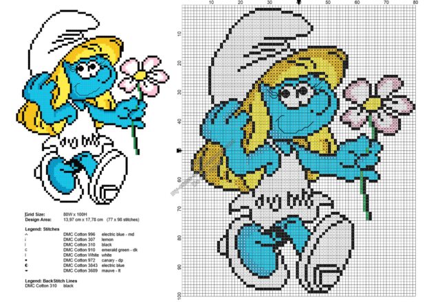 smurfette_with_flower_free_cross_stitch_pattern_77x98